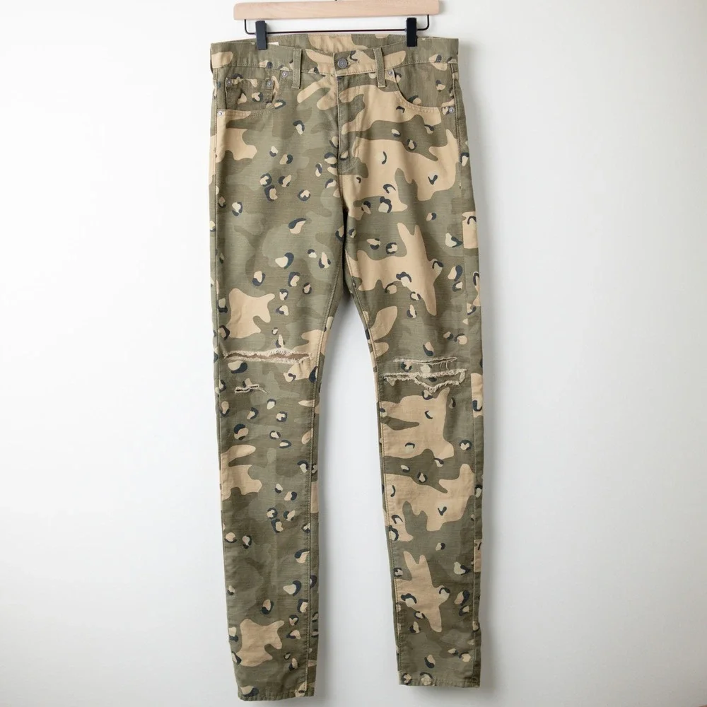 Levi's Lo-Ball Camo Slim Jeans Pants Mens 33 Green Distressed Ripped Camouflage